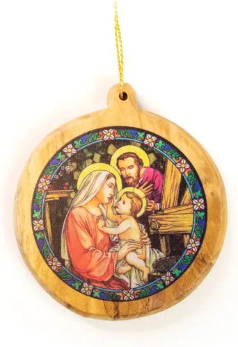 Miniatura 5 de Adornos de Navidad católicos – Sagrada Familia Bizantina Icono Redondo Adornos de Madera de Olivo de Tierra Santa – Pequeños adornos de Navidad