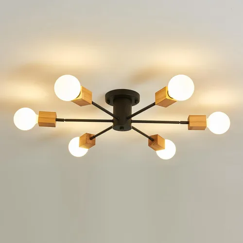 Miniatura 9 de Lámpara de techo de madera semiempotrada, 6 luces, lámpara Sputnik de madera rústica, iluminación de techo estilo granja, roble y negro con E26