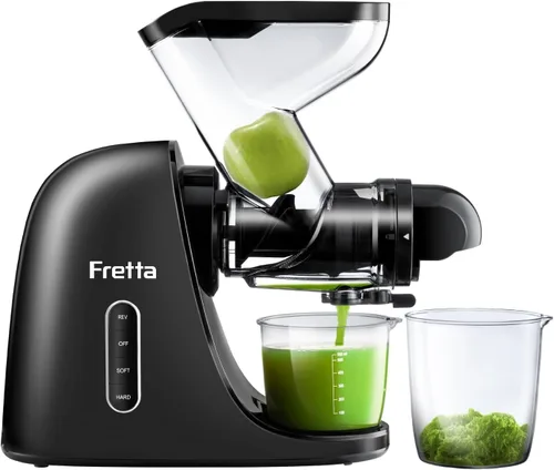 Fretta - Exprimidor de prensado en frío, sin BPA, máquina de exprimidor de verduras y frutas, canal de alimentación de 3 pulgadas de ancho, fácil de