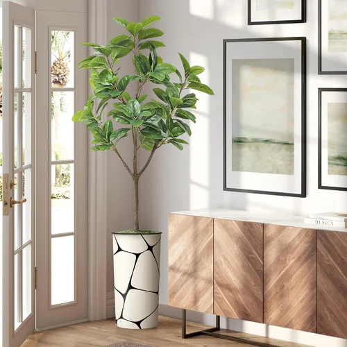Miniatura 10 de Árbol artificial en macetero con patrón geométrico, palmera tropical areca artificial de seda para decoración del hogar en interiores y exteriores