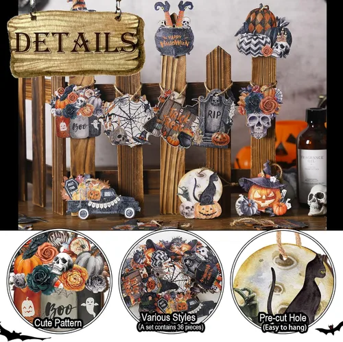 Miniatura 3 de Huwena 36 adornos de madera de Halloween para árbol, fantasma, cráneo, gnomo, calabaza, recortes de madera con cuerdas, decoraciones de árbol