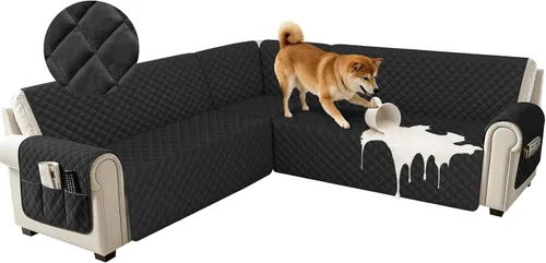 Miniatura 26 de Fundas impermeables para sofá seccional de esquina en forma de L, de terciopelo, juego de 6 piezas, funda en forma de U para sofá, para perros