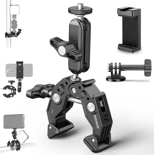 NEEWER Super Clamp con Brazo Mágico de Cabeza Esférica Doble de 3", Zapata Fría, Roscas de 1/4", Adaptador de Montaje para Cámara de Teléfono/Acción