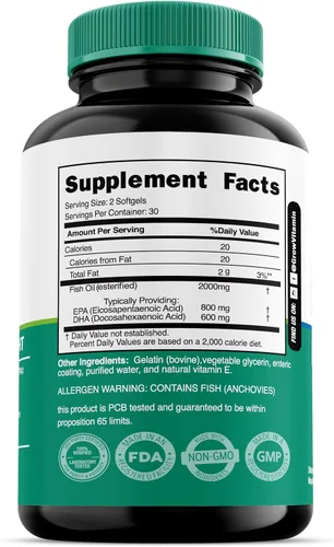 Miniatura 7 de grow vitamin Aceite de pescado OmegaVita: 800 mg EPA 600 mg DHA Omega 3 Suplemento para el corazón, cerebro e inmunológico, suplemento de aceite