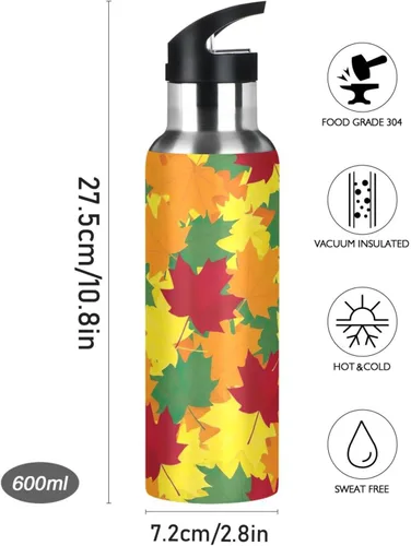 Miniatura 9 de Insulated Stainless Steel Water Bottle with Straw 20 Oz, BPA-Free Sports Water Bottle with Straw for Gym Outdoor Travel School, Autumn Maple Leaves