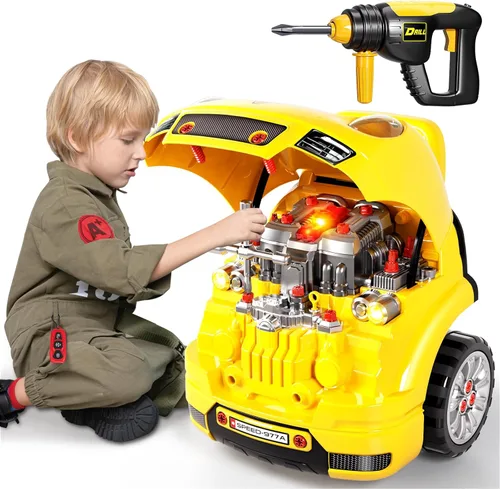 Deejoy Kit de construcción de camiones grandes para niños pequeños de 3 a 5 años, juego de taller mecánico para niños con luz y sonido, motor