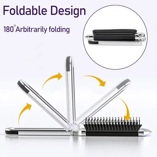 Miniatura 5 de Paquete de 1 cepillo de pelo compacto plegable con espejo, peine de masaje de bolsillo de viaje para peinar el cabello, gimnasio, viajes y bolso