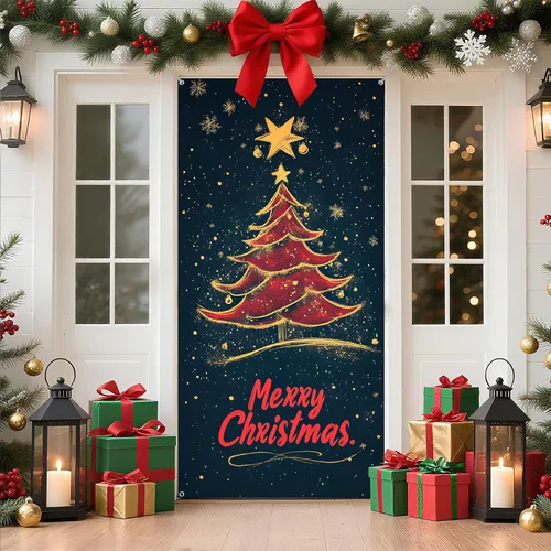 Miniatura 19 de Cubierta de Puerta de Navidad Papá Noel Muñeco de Nieve Árbol de Navidad Corona Pancarta Decoración de Vacaciones de Invierno para Puerta Principal