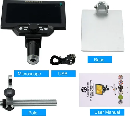 Miniatura 7 de Koolertron Microscopio digital LCD de 7 pulgadas, 12MP 1-1200X aumento 1080P microscopio de moneda con pantalla, 8 luces LED, microscopio de batería