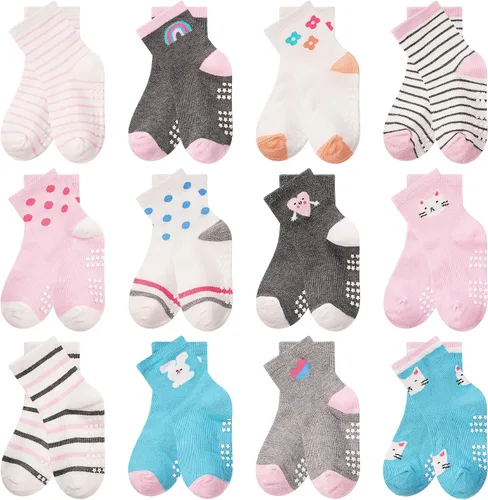 Miniatura 9 de Calcetines antideslizantes para niñas pequeñas, calcetines de agarre antideslizantes, 12 pares con divertidos patrones para niñas de 1 a 7 años