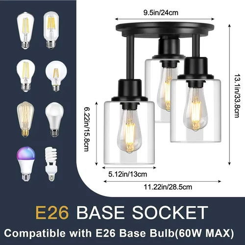 Miniatura 3 de ROTTOGOON Lámpara de Techo Semiempotrada, Accesorios de Luz de Techo de 3 Luces Cerca del Techo, Accesorios de Luz de Cocina Negro Mate
