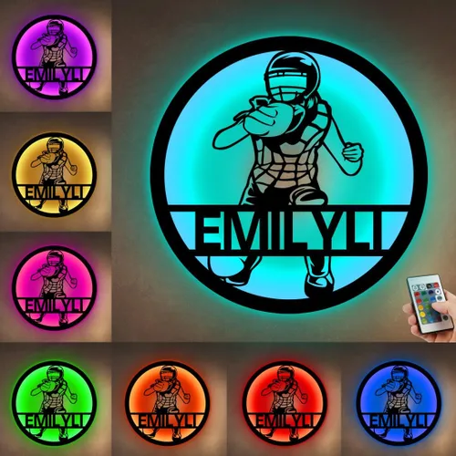 Miniatura 10 de Letrero de metal personalizado para jugador de sóftbol con luz LED, nombre y número personalizado, arte de pared de sóftbol, letrero de neón