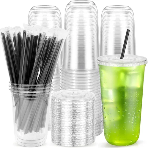 Miniatura 10 de Paquete de 100 vasos de plástico transparente con tapas planas y pajitas, tazas desechables de 12 onzas para café helado, vasos de plástico