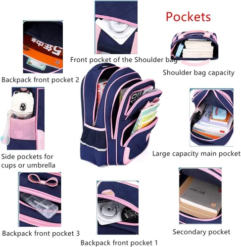 Miniatura 23 de Juego de 2 mochilas escolares con lazos para niñas y estudiantes, diseño de princesa para escuela primaria, 2pcs Negro-s, 2Pcs BagSet S