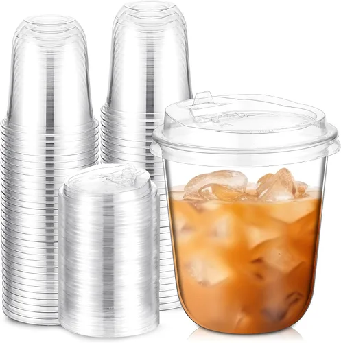 Miniatura 8 de Baderke Juego de 50 vasos de plástico negros con tapas, tazas de café helado con tapas, vasos de plástico desechables para bebidas frías, tapa