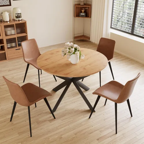 Miniatura 10 de HIPIHOM - Mesa de comedor redonda extensible de 43.2"-59.1", mesa redonda moderna de madera de mediados de siglo, mesa de café de roble para ocio