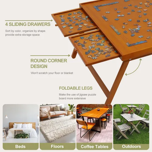 Miniatura 4 de TEAKMAMA Tablero de rompecabezas de madera de 1500 piezas con 4 cajones, mesa de rompecabezas plegable con cubierta protectora, tablero de Marrón