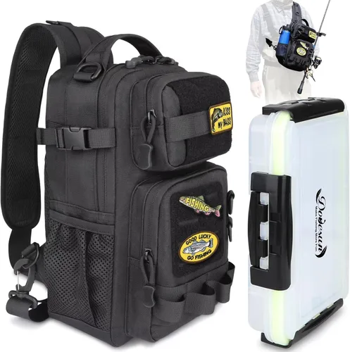 Dovesun Mochila de pesca pequeña con cajas de aparejos, bolsa de pesca con parches bordados de bricolaje, bolsa de aparejos de regalo para hombres,
