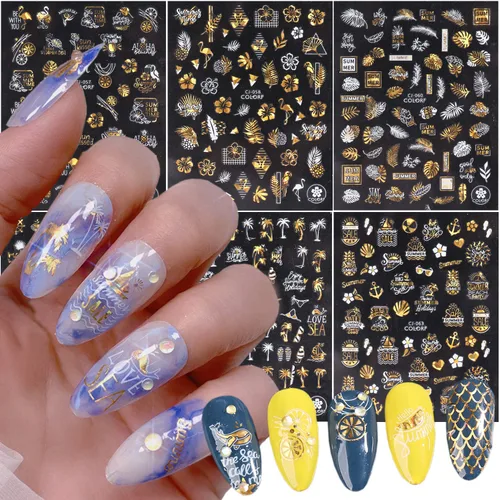 Miniatura 11 de Calcomanías de arte de uñas doradas, diseño de sol, luna, estrellas, línea de corazón, flores, calcomanías autoadhesivas para uñas, calcomanías