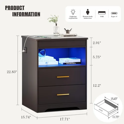 Miniatura 2 de Mesita de noche con cajón para armas, mesa de noche con carga y puerto USB y tipo C, mesita de noche LED con luz sensora humana, mesa auxiliar