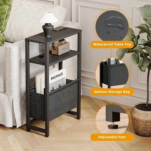 Miniatura 4 de Mesa Auxiliar Estrecha, Mesa Lateral Delgada con Revistero, Mesita de Noche para Espacios Pequeños, Mesa de 3 Niveles para Sofá y Sillón, Mesita