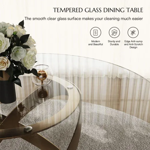 Miniatura 4 de POVISON Juego de 4 sillas de comedor redondas de lino y algodón con mesa de comedor de vidrio (mesa de comedor de 51 pulgadas + 4 sillas)