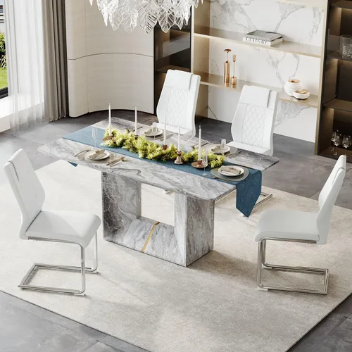 Miniatura 26 de Conjunto de mesa de comedor MUUOKY para 4, mesa de cocina de 63'' y sillas para 4, conjunto de mesa gris y 4 sillas modernas, adecuado para comedor