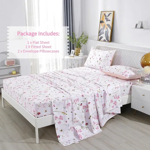 Miniatura 2 de RYNGHIPY Juego de sábanas de algodón con estampado floral de abejas Shabby, con fundas de almohada, juego de ropa de cama de algodón egipcio
