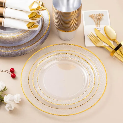 Miniatura 4 de Bestluck 350 piezas de platos de plástico transparentes con ribete dorado para 50 invitados, juego de vajilla desechable para fiesta y boda