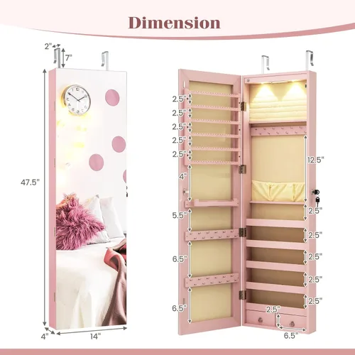 Miniatura 51 de Giantex Armario de joyería para puerta de pared con espejo de longitud completa, 2 LED con cerradura grande organizador de joyas con espejo ancho