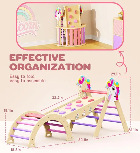 Miniatura 7 de Pikler - Juego de triángulos 11 en 1, juguete Montessori de escalada para niños pequeños, plegable de madera para interiores, gimnasio y escalador