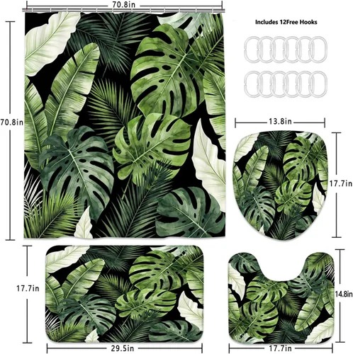 Miniatura 2 de LQCOOL 4Pcs Black Green Shower Curtain Set, Modern Minimalist Bathroom Sets, Abstract Botanical Bathroom Sets with Shower Curtain and Rugs, Tropical
