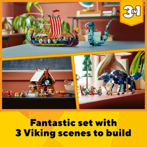 Miniatura 2 de LEGO Creator 3 en 1 Barco Vikingo y La Serpiente de Midgard 31132, Juego de Construcción de Barco y Serpiente para Figura de Casa o Lobo, Regalos