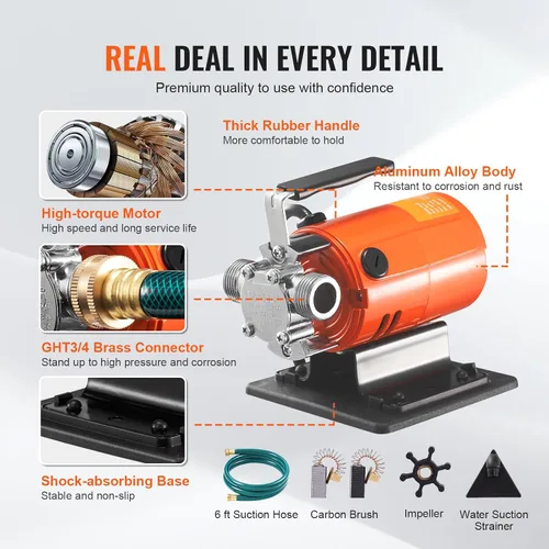 Miniatura 4 de Happybuy Bomba de transferencia de agua, 120V CA 360 GPH, 1/10 HP, Bomba eléctrica portátil, Kit de manguera de succión, cepillos de carbono