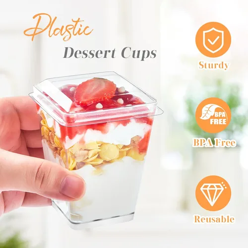 Miniatura 3 de Kucoele Paquete de 100 tazas de postre de plástico de 5 onzas con tapas y cucharas, tazas de parfait transparentes, tazas de pudín, mini tazas