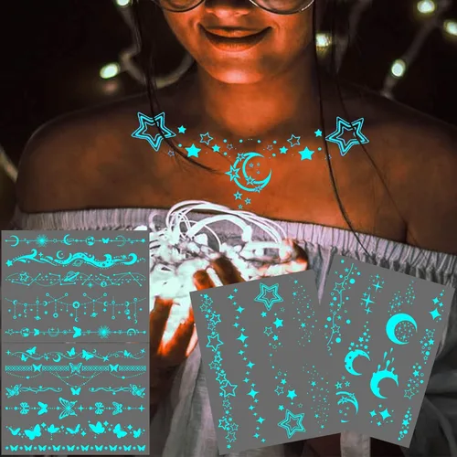 Tatuajes Temporales de Estrella Luminosa Azul y Luna Creciente para Mujeres Clavícula Niñas Adultos Cuello, 4 Hojas Mariposa Planeta Encaje Sexy
