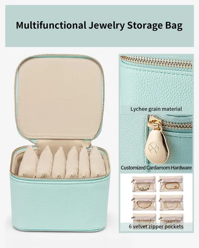 Miniatura 5 de Vlando Joyero de viaje, estuche de viaje para joyería con 6 bolsillos de terciopelo con cremallera, organizador de joyas de viaje para anillos
