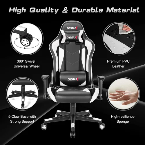 Miniatura 6 de GYMAX Silla de juegos de computadora, silla de oficina de estilo carreras con reposacabezas de soporte lumbar ajustable, giratorio de 360°, silla