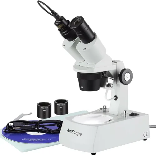 AmScope SE305R-A-E Microscopio estéreo binocular digital montado hacia adelante, oculares WF10x, aumento 10X/30X, objetivos 1X y 3X, fuente de luz
