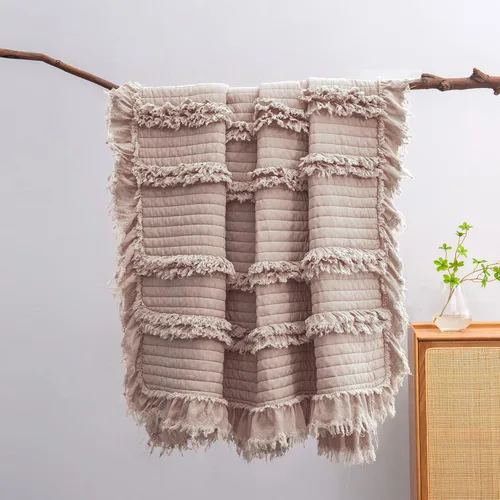 Miniatura 9 de Manta acolchada ultra suave y prelavada de tamaño individual color amarillo bohemio para cama, manta decorativa con flecos con volantes, manta