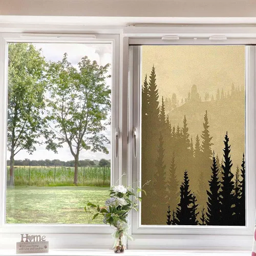 Miniatura 3 de Película de vidrio esmerilado de pino para ventana, bosque de coníferas silvestres en la mañana, siluetas de árbol de niebla para decoración