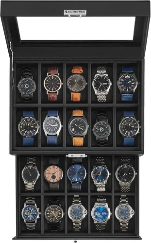 Miniatura 24 de SONGMICS UJWB012 - Caja de reloj de 12 ranuras, caja de reloj con cerradura con tapa de vidrio, 2 capas, con 1 cajón para anillos, pulseras, idea