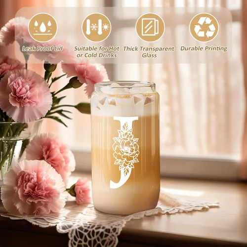Miniatura 2 de Taza de Vidrio Inicial Coolife, Regalos Personalizados para Mujeres, Tazas de Vidrio de 16 oz con Tapas y Popotes, Taza de Café Helado, Batido