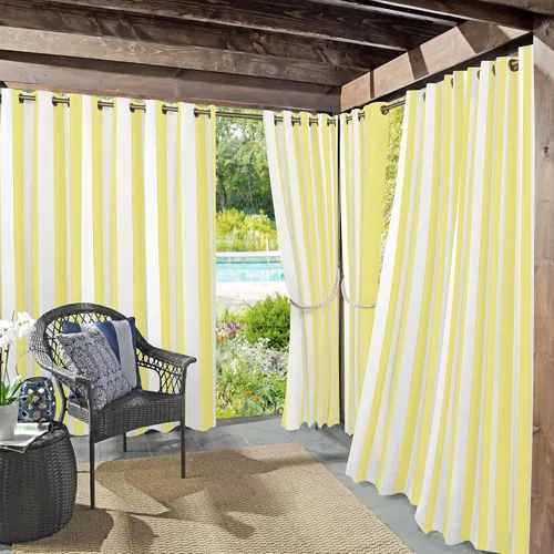 Par de paneles de cortina con ojales Sun Zero Valencia estilo cabaña a rayas para interior/exterior con protección UV y eficiencia energética,