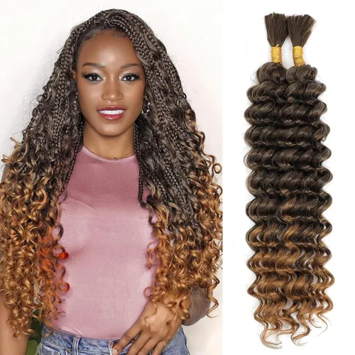 Miniatura 20 de Mezcla de cabello humano trenzado sintético bohemio para trenzar, 16 pulgadas de onda profunda a granel para trenzas bohemias, 2 piezas de cabello 1b
