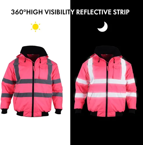 Miniatura 6 de Chaqueta reflectante de alta visibilidad para mujer, impermeable, seguridad ANSI, abrigo de bombardero de invierno, sudadera con capucha Hi Vis