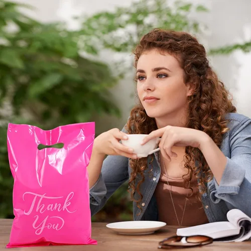 Miniatura 6 de MJOGGOTT 300 bolsas de agradecimiento a granel, 3 tamaños de bolsas de compras para pequeñas empresas con asas, bolsas de regalo de plástico a