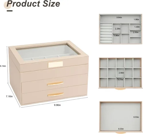 Miniatura 7 de V-LAFUYLIFE Organizador de joyas, caja de joyería de cuero de 3 niveles con 2 cajones, joyero para mujeres y niñas, caja de joyería de gran