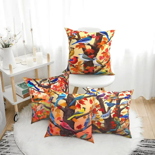 Miniatura 3 de Ouqiuwa Juego de 4 fundas de almohada coloridas con diseño de pájaros de 12 x 12 pulgadas, cuadradas, decorativas, con hojas de arce otoñales