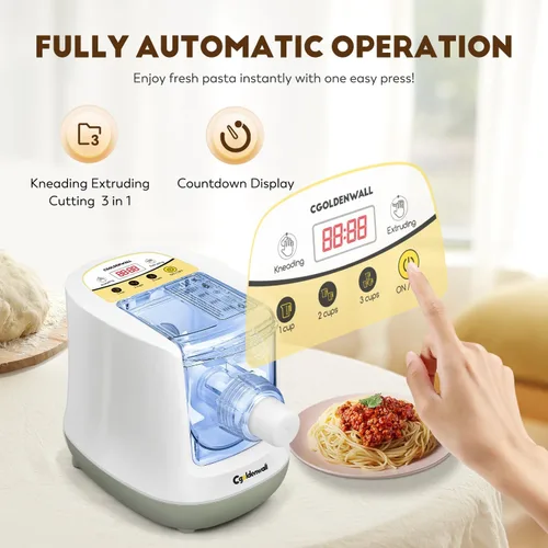 Miniatura 4 de CGOLDENWALL Máquina Automática de Pasta Eléctrica, Control Digital con 12 Discos de Forma para Hacer Fideos Caseros, Espaguetis, Fettucini y Penne
